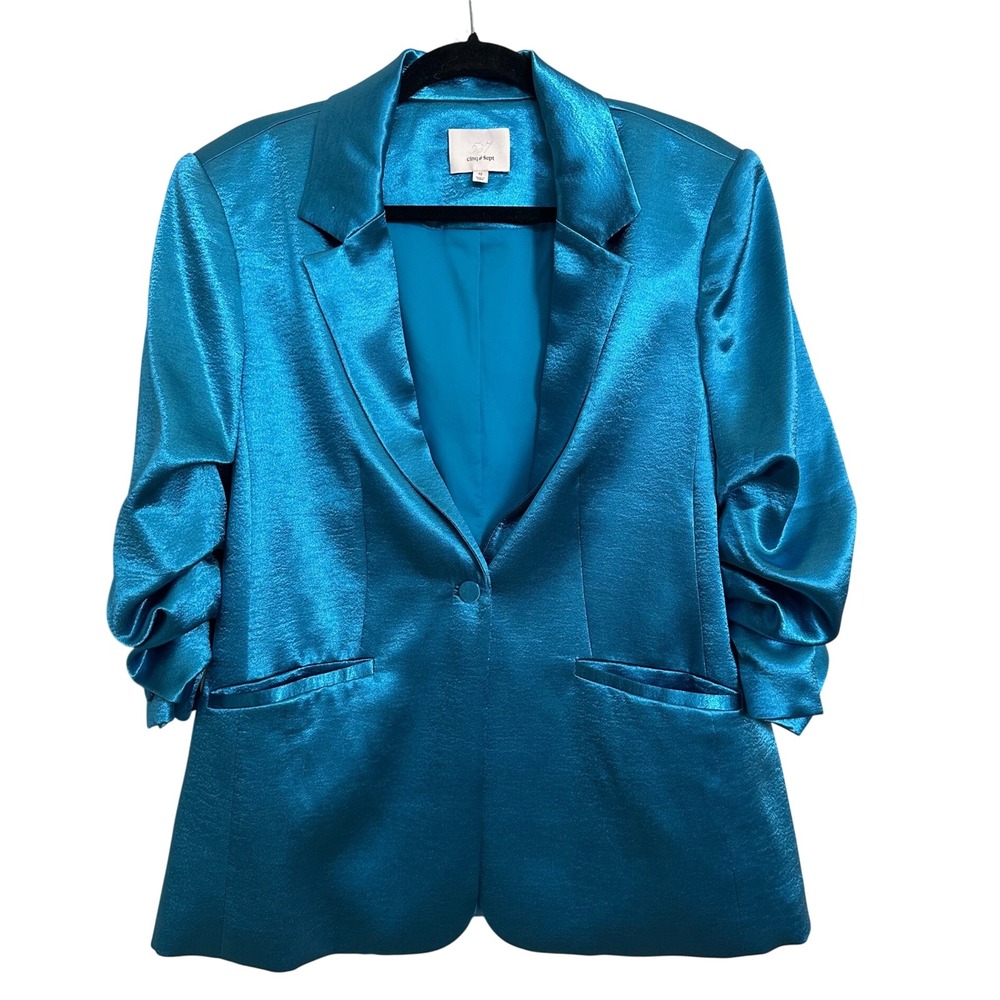 Cinq à Sept Blue Jade Satin Kylie Ruched Sleeve Blazer Jacket 12